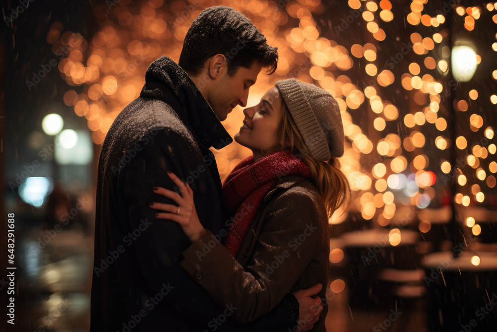 Couple embracing under the soft glow of holiday lights, capturing the romance of winter Couple embracing under the soft glow of holiday lights, capturing the romance of winter