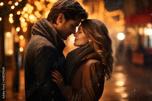 Couple embracing under the soft glow of holiday lights, capturing the romance of winter