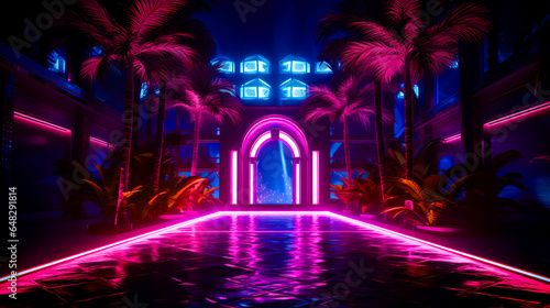 Pool surrounded by palm trees with neon light at the end of it.