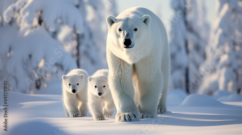polar bear walking in the snow with cubs
