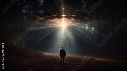 ufo hovering over a silhouette man at night in a forest