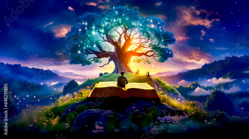 Man sitting on top of book in front of tree with stars.