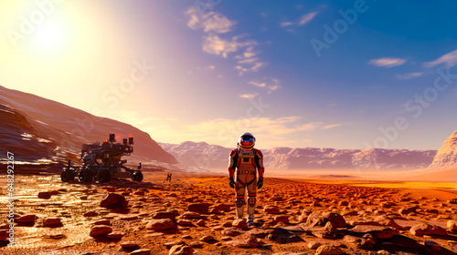 Man in space suit standing on rocky surface with vehicle in the background.