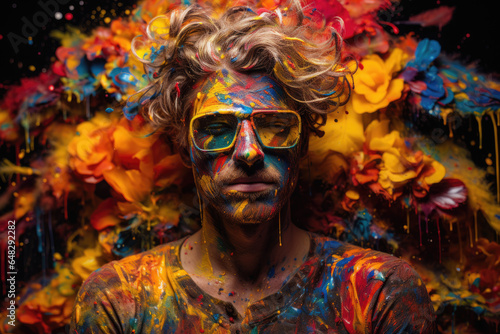 Close-up portrait of an artist covered in vibrant paint