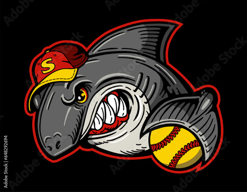 angry shark mascot holding softball in fin for school, college or league sports