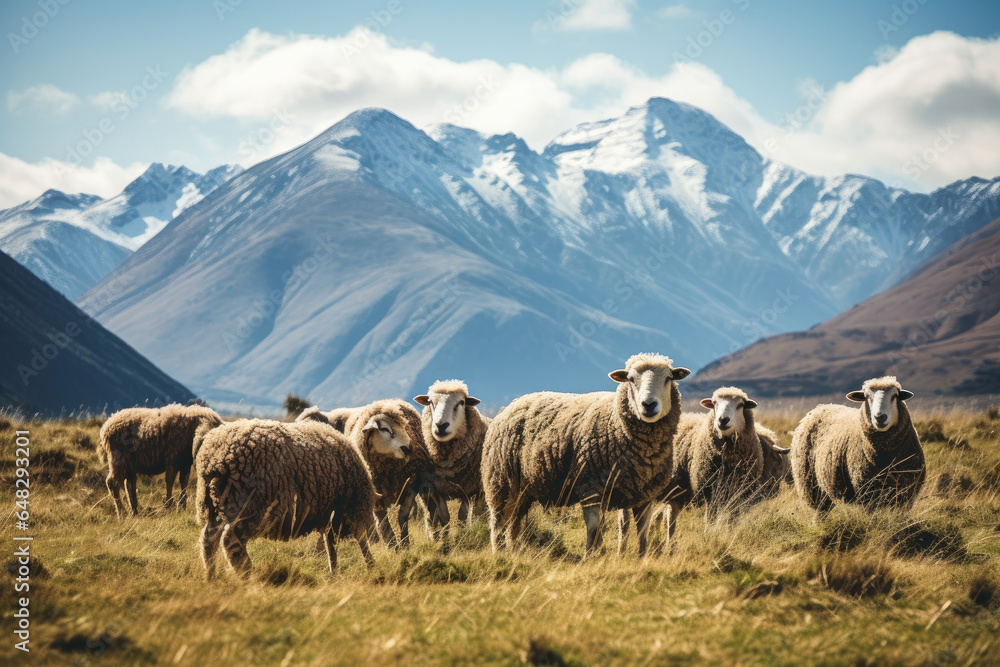 Herd of sheeps and mountains in the background 
