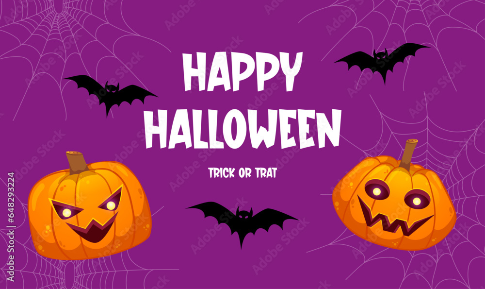 Happy Halloween banner with pumpkins and bats on purple background. Colorful vector illustration in cartoon style.