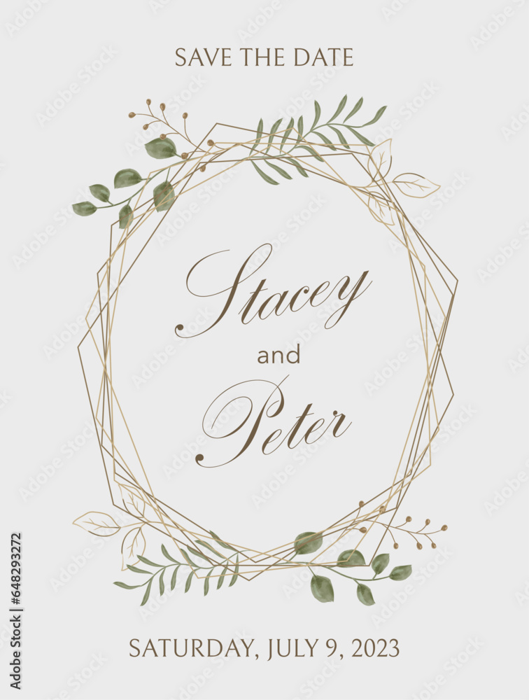 Wedding invitation card in rustic style with floral wreath