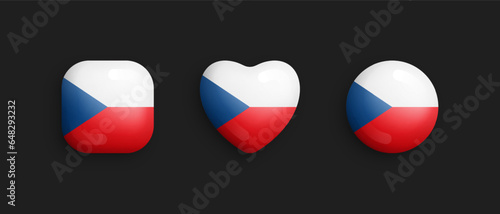 Czech Republic Official National Flag 3D Vector Glossy Icons In Rounded Square, Heart And Circle Form Isolate On Background. Czech Sign And Symbol Graphic Design Elements Volumetric Buttons Collection