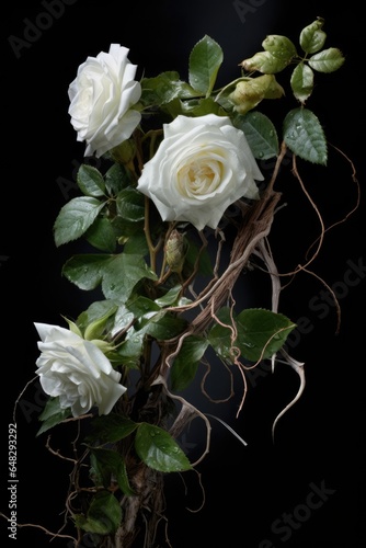 white roses on a curly ivy vines branches. black background. branches and thorns. white petals. toxic relationship.  photo