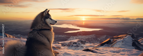 Husky admiring the sunset in the winter from mountain top