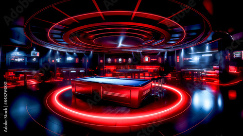 Pool table in the middle of room with red lights around it.