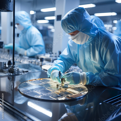 Technician working on an integrated circuit being manufactured in a semiconductor plant