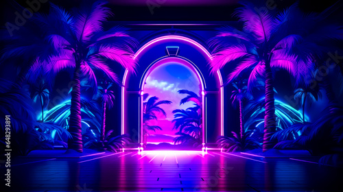 Purple and blue room with palm trees and neon light at the end of the room.