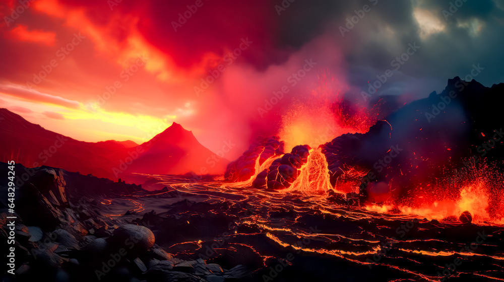 Volcano with lava and lava pouring out of it's sides at sunset.
