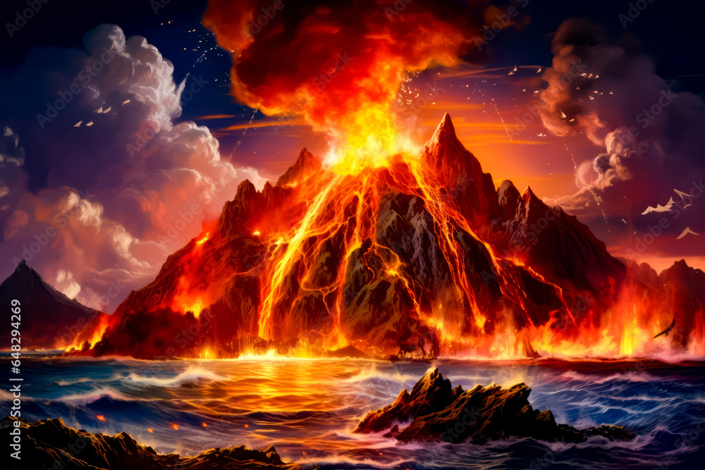 Volcano in the middle of body of water with sky background.