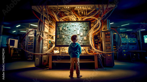 Little boy standing in front of big monitor with wires all over it. © Констянтин Батыльчук