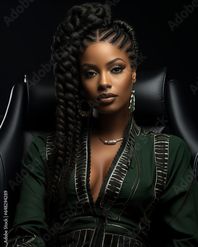 An African American woman with braids displays strong expressions and emotions on her face. Portrait of a woman who celebrates the strength of black women.