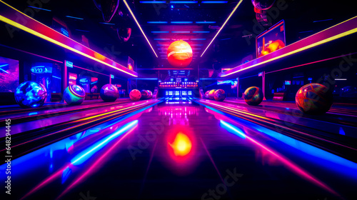 Bowling alley with neon lights and bowling balls on the bowling alley floor.
