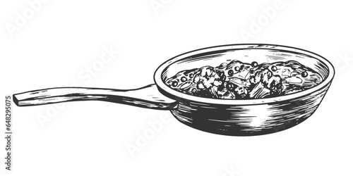 Engraving style frying pan with fried food on white background. Sketch style cookware. Hand drawn black and white pan with hatching