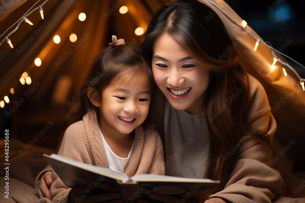 Asian mother and little daughter girl reading a book together in cozy kids tent in bedroom. Spending time together Asian mother and little daughter girl reading a book together in cozy kids tent in bedroom. Spending time together