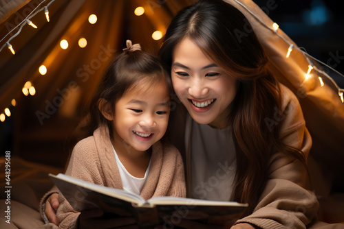Asian mother and little daughter girl reading a book together in cozy kids tent in bedroom. Spending time together