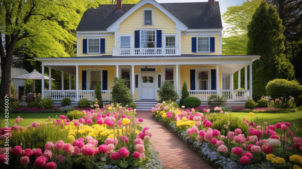 Yellow colonial house with flowers