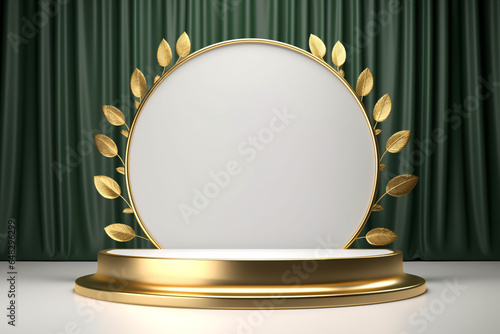 White and golden leaf podium with dark green background, podium for product display 