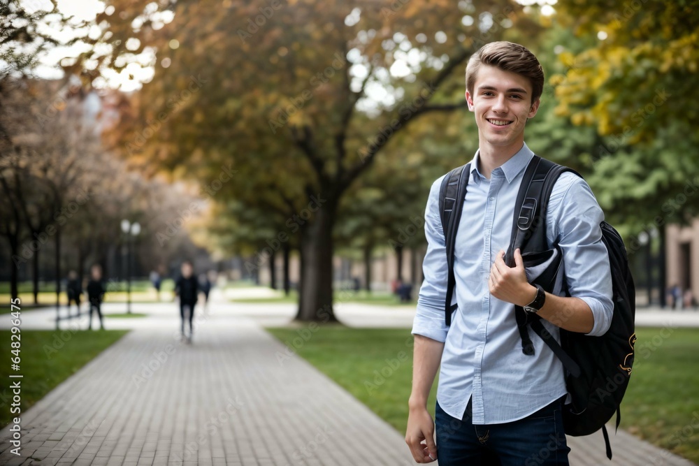 Portrait of smiling male caucasian student carrying school bags on college campus outdoors, education Portrait of smiling male caucasian student carrying school bags on college campus outdoors, education