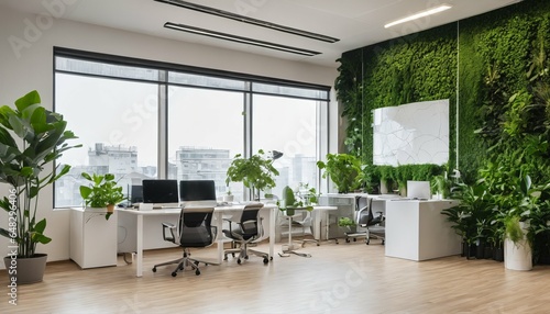 Sustainable glass office with plants for a low CO2 workspace