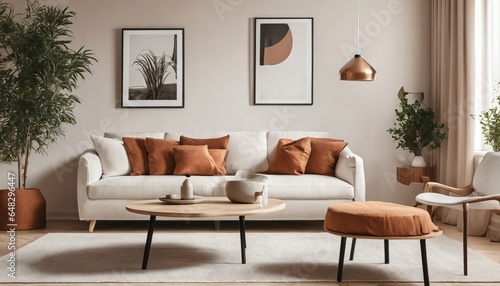 Modern interior with terra cotta accents - round coffee table near white corner sofa against paneling wall with art poster, Scandinavian style living room © ibreakstock
