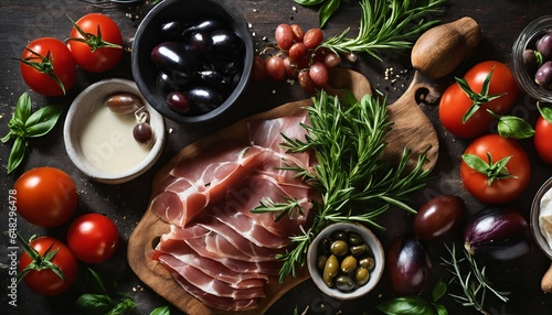 Authentic Mediterranean diet - Italian rustic kitchen with olive oil  tomatoes  fresh herbs  eggplant  olives  Prosciutto di Parma