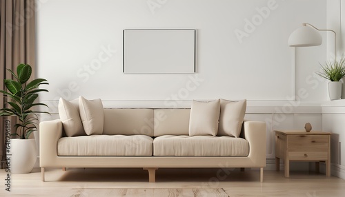 Scandinavian style beige sofa made and wooden table against white wall with one frame, home interior  © 健太郎 椿原