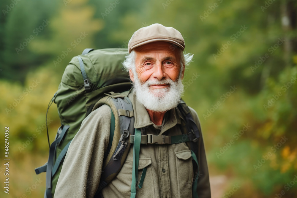 Senior Traveler Preparing for a Nature Walk in the Countryside