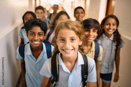 Cheerful School Students in a Corridor Shot