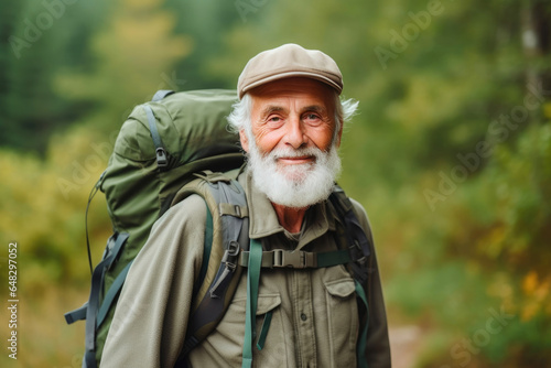 Senior Traveler Preparing for a Nature Walk in the Countryside