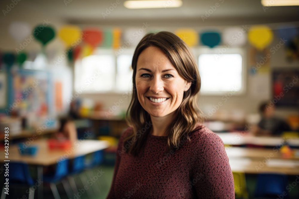Smiling school teacher in classroom Smiling school teacher in classroom