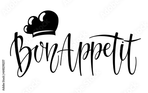 Bon appetit calligraphy lettering with chef's cap sketch. Text for menu, kitchen. Phrase in French enjoy your meal. Positive inspirational phrase. Vector Ink illustration. Typography poster on white.