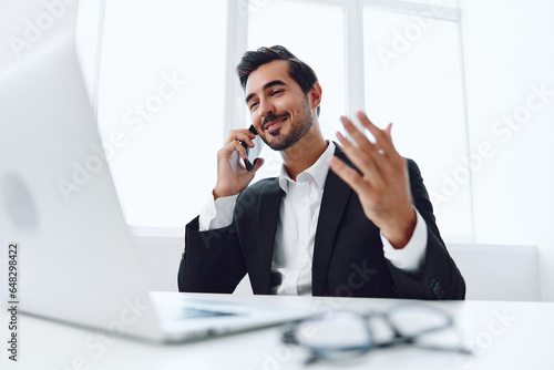 Phone man smile businessman talk office