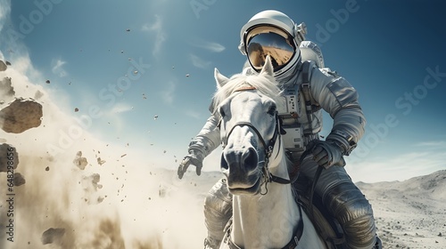 Astronaut riding horse in space suit, Creative concept photo