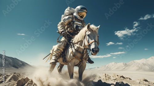 Leinwand Poster Astronaut riding horse in space suit, Creative concept