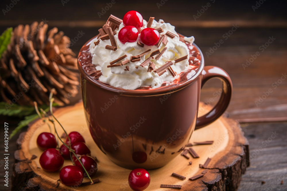 Close-Up of Black Forest Hot Cocoa with Cherry Liqueur and Cherries
