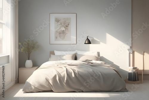Step into the tranquility of a serene bedroom with a neatly made bed and a captivating painting on the wall. This 8k render bathes the room in natural light, offering a hyper-realistic, minimalist art