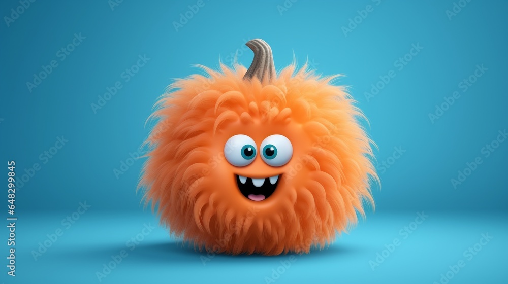 3d fluffy orange pumpkin monster smiling isolated on blue background with copy space, Halloween party banner design. 3d fluffy orange pumpkin monster smiling isolated on blue background with copy space, Halloween party banner design.