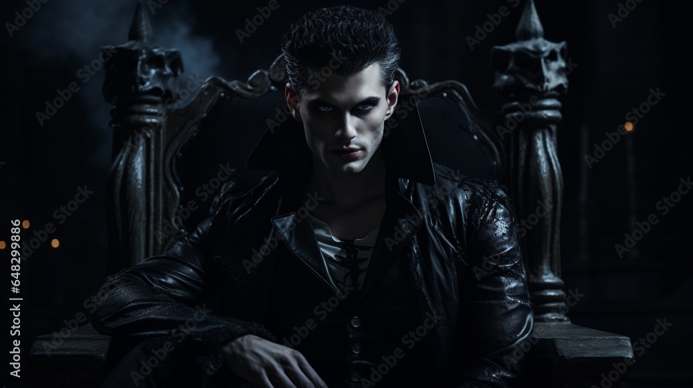 Handsome scary male vampire with fangs, in black fancy suit, sitting in darkness throne on castle background, with copy space, Halloween event poster and background idea. - obrazy, fototapety, plakaty 