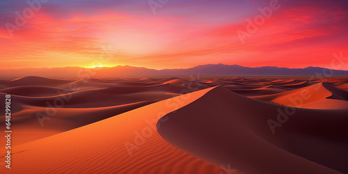 desert sunrise, sun peeking over sand dunes, casting long shadows, warm colors, orange and pink hues