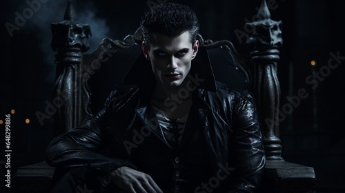 Handsome scary male vampire with fangs, in black fancy suit, sitting in darkness throne on castle background, with copy space, Halloween event poster and background idea.