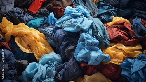 large pile stack of textile fabric clothes. concept of recycling, up cycling, awareness to global climate change, fashion industry pollution, sustainability, reuse of garment.