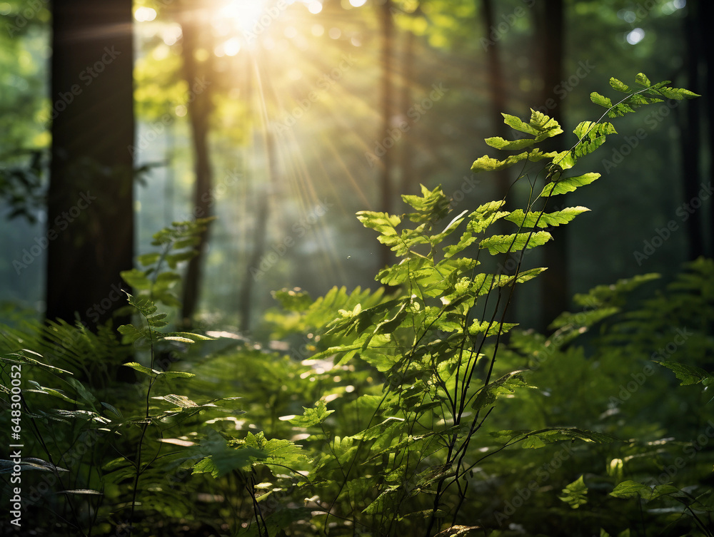 sun rising in a dense forest, sunbeams piercing through the foliage, vibrant green leaves, magical atmosphere