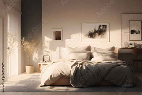 Explore the artistry of a bedroom interior featuring a meticulously made bed and a stunning painted illustration poster. The muted watercolor palette and realistic lighting create a serene.